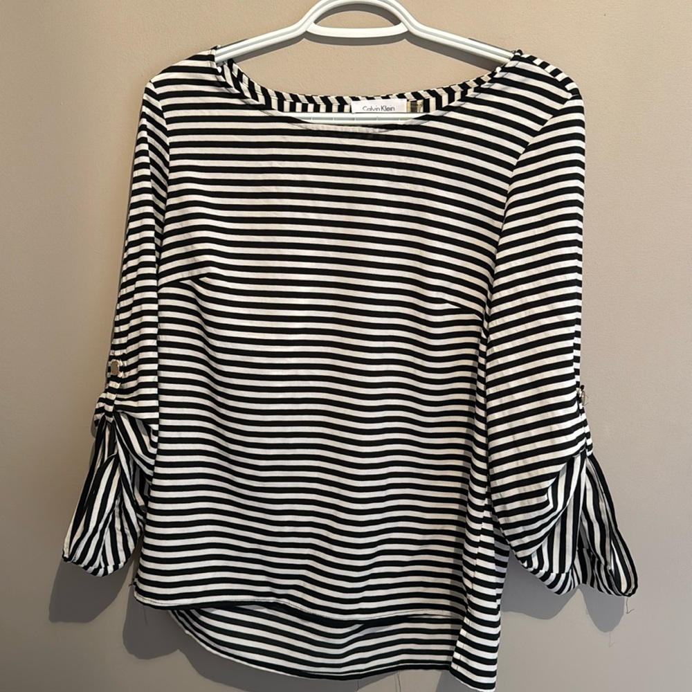 Calvin Klein Blouse- Black and White Stripes- Small